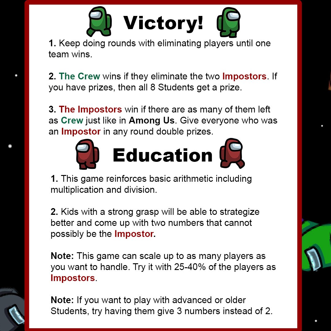 danfornace's tweet photo. My wife found a free Among Us game for students on a teacher website. As a game designer, I was mad disappointed when I found out it was just word problems placed on an Among Us map that you can click.

So I designed a Math Among Us game for her 4th Grade classroom. https://t.co/2i9gLbvwb6
