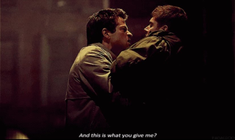 sewerwolfs's tweet photo. cas beating dean’s ass in heaven for immediately dying to a rusty nail after he sacrificed himself to save him #supernatural https://t.co/VQeuiPDy76