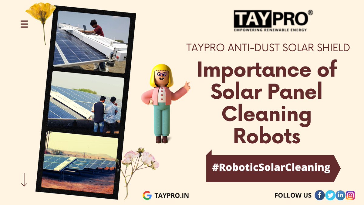 TayPro_Official's tweet photo. Importance of Solar Panel Cleaning Robots

Taypro developed automatic solar panel cleaning robots that are useful for faster absorption of dirt particles, effective for labor &amp; maintenance cost reduction. 

#SolarPanelCleaners    #waterlesscleaning
https://t.co/Mrx7XiuDhV https://t.co/pBOyZqKHNo