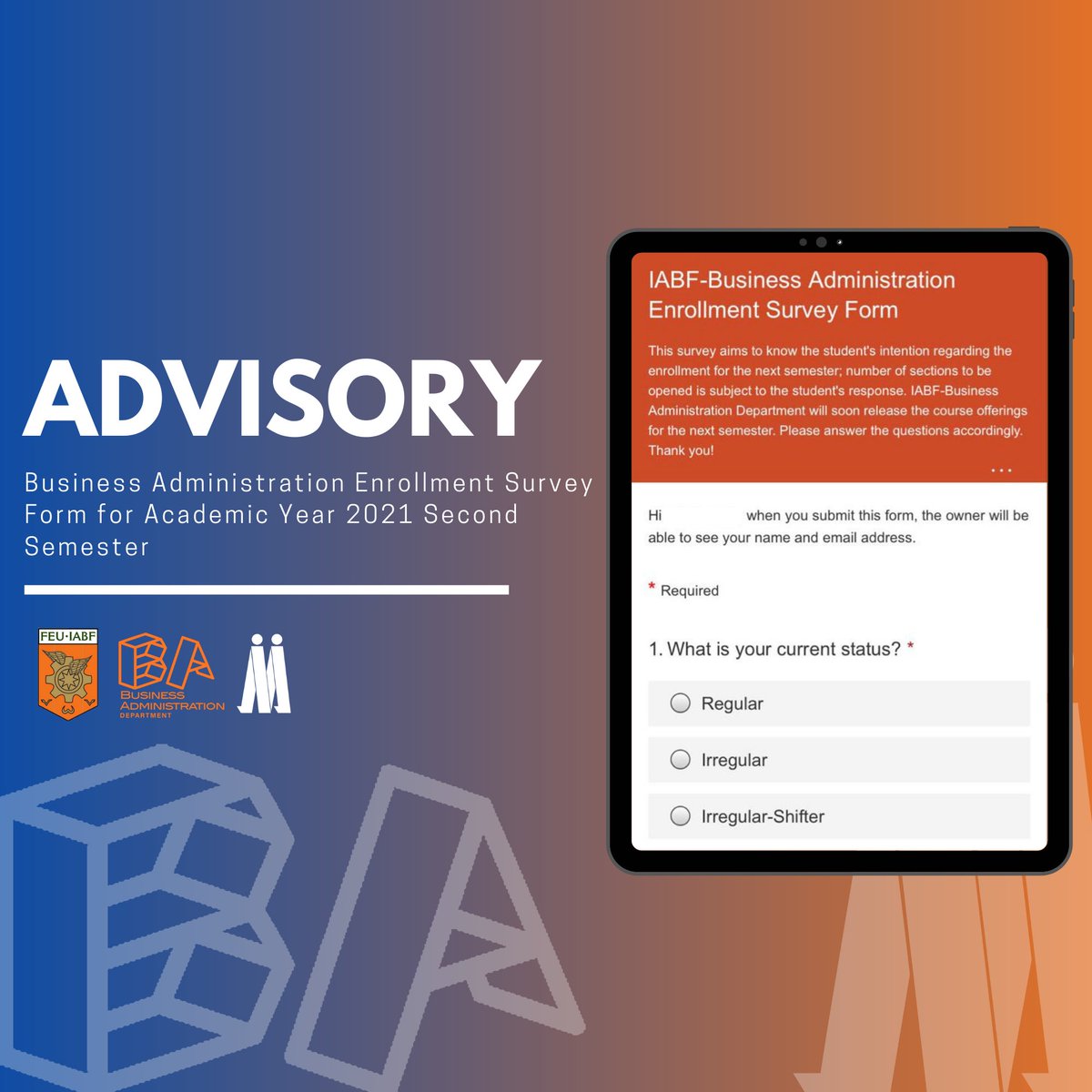 feujma's tweet photo. ATTENTION IABF STUDENTS!

Kindly fill out the form below.

This survey will be the basis of the number of sections to be opened for the next semester. 

IABF-BA Department will soon release the course offerings for the next sem.

Click the link here: https://t.co/dwnRO9SP7i https://t.co/kEx3v3A4f3