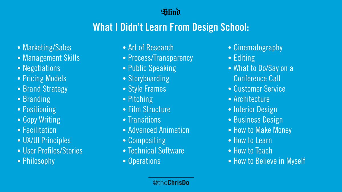 theChrisDo's tweet photo. Some people think you go to school to learn, and once you graduate you're done. My own experience was anything but. School just prepared me for the next phase of learning. Here's a list of things I learned after graduating circa 2015. https://t.co/fdUIKUx32L