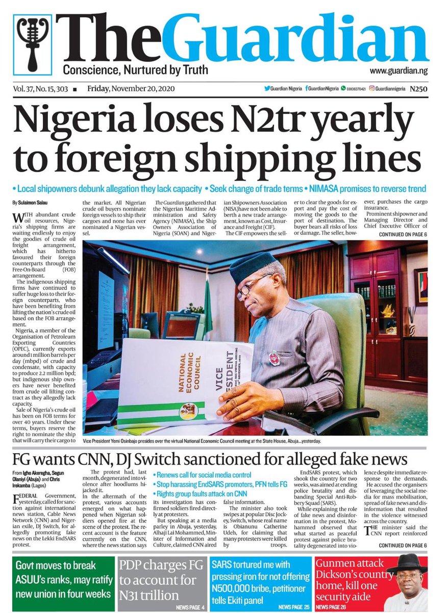 Today in The Guardian – Nigeria loses N2tr yearly to foreign shipping lines. Get The Guardian on the newsstands for the latest in world news, sports, and in-depth analysis.⁣ 

#ForeignShipping #ShippingLines #Revenue #FrontPage #Headline #News #Nigeria #NigerianNews #Africa