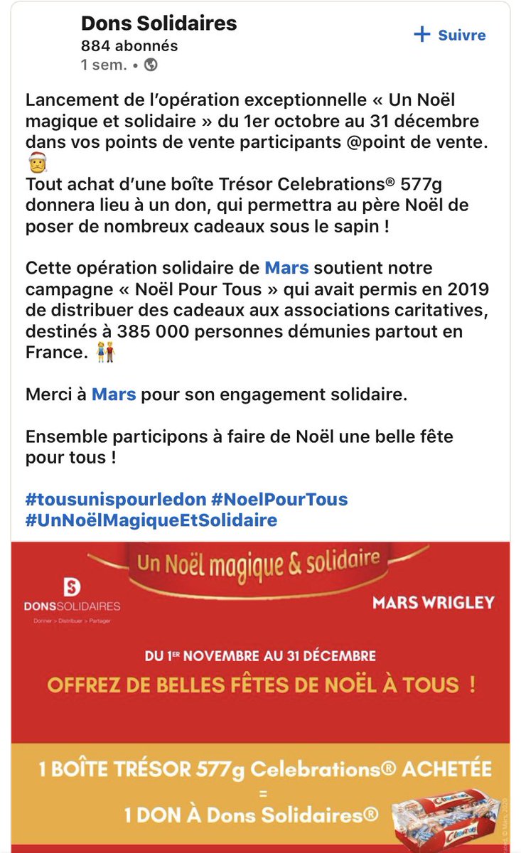 #UnNoelMagiqueEtSolidaire #TousUniPourLeDon 
#NoelPourTous 

@MWCFrance 
#ProudlyMars 

Partagez en masse, cette action de votre part, vous apportera de la gourmandise et fera un geste solidaire pour les plus démunies . Merci pour eux 🙏🏽