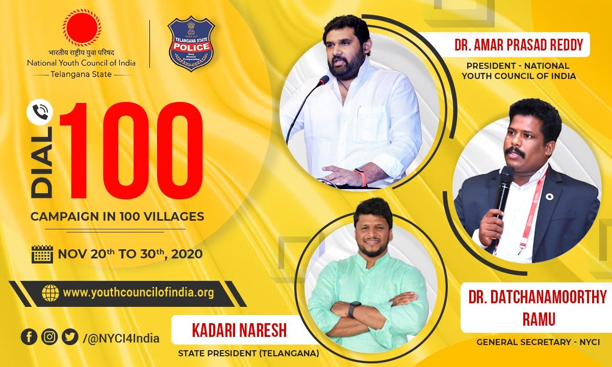 The <a href="/NYCI4India/">National Youth Council Of India</a> is going to launch its first-ever awareness campaign 𝗗𝗶𝗮𝗹 𝟭𝟬𝟬 𝗶𝗻 𝟭𝟬𝟬 𝗩𝗶𝗹𝗹𝗮𝗴𝗲𝘀 across Telangana.

People least report to crimes in rural areas through this campaign we will spread awareness among individuals about the significance of Dial 100.