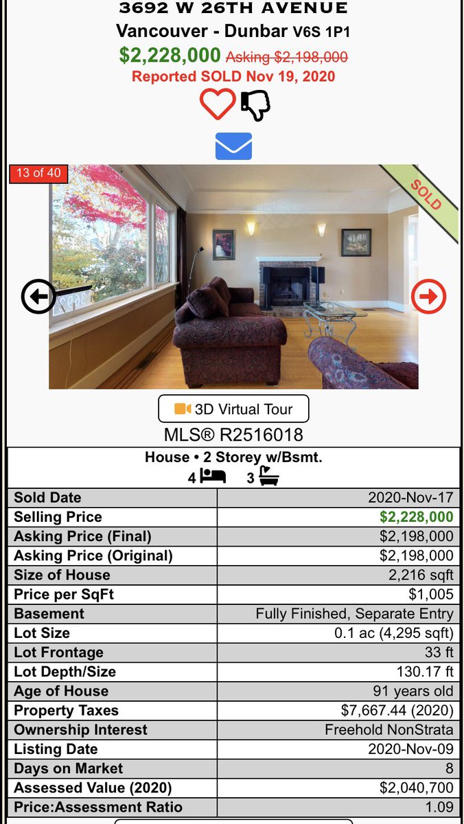juliamarblefaun's tweet photo. Thoughts? 
1580 sq ft Kits 1/2 duplex for close to the same price as a 2200 sq ft. Dunbar house close to amenities. The house needs work, but this still surprises me. 
Also, if the duplex is strata why are there no fees listed? 
#vanre #vansanity https://t.co/6D4prPtzSq