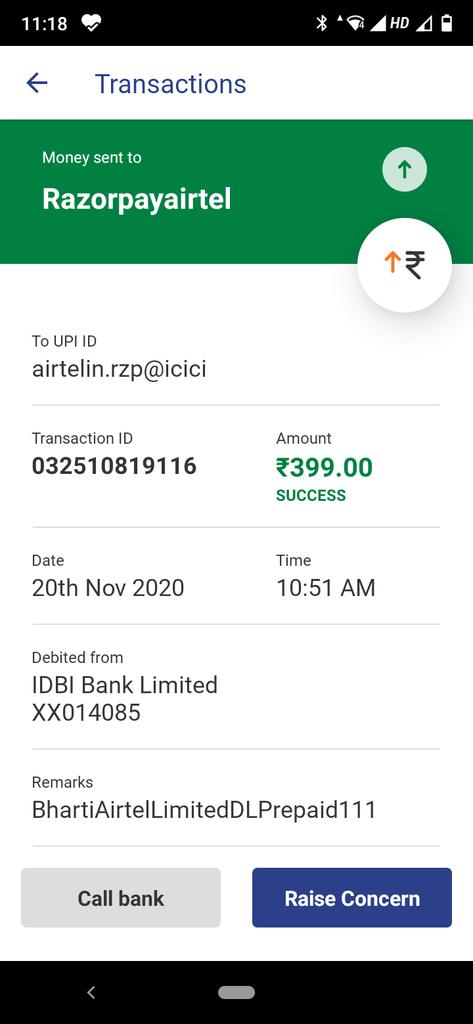 rupeshsharma02's tweet photo. @airtelindia @Airtel_Presence
I recharged a mobile No. 9871****47 via airtel app.
Money is debited but it's not recharged.

#ReceivedMessage
Your a/c no. XXXXXXXXXXX4085 is debited for Rs.399.00 on 20-11-20 and credited to a/c no. XXXXXXXX5290  (UPI Ref no 032510819116). https://t.co/Zrl7Cm9waZ