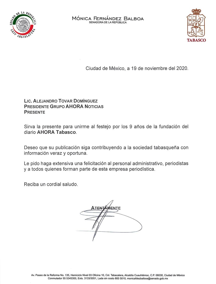AhoraTabasco's tweet photo. 🔴#AhoraNoticias | 📰📻 𝙂𝙧𝙖𝙘𝙞𝙖𝙨, @monicaferbal, Senadora de Morena en el @senadomexicano, por el mensaje de felicitación por el ❞𝙉𝙤𝙫𝙚𝙣𝙤 𝘼𝙣𝙞𝙫𝙚𝙧𝙨𝙖𝙧𝙞𝙤❞ de nuestra casa editorial. 🎉🥳

𝙈𝙪𝙘𝙝𝙖𝙨 𝙂𝙧𝙖𝙘𝙞𝙖𝙨 por ser parte de nuestra 𝙀𝙑𝙊𝙇𝙐𝘾𝙄𝙊́𝙉 https://t.co/IjeHmDdo3Q