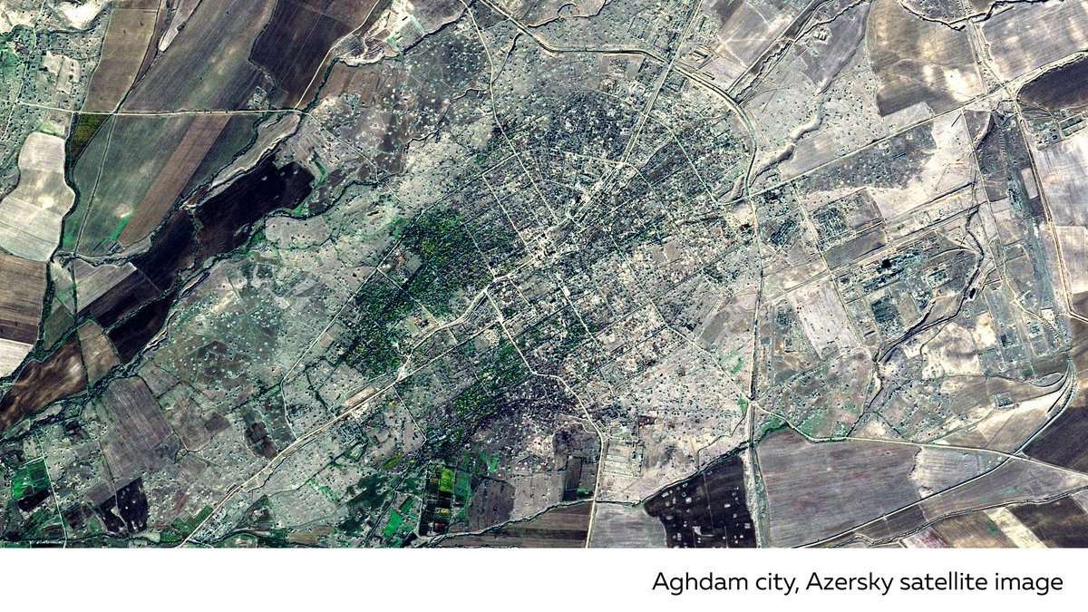 Azercosmos1's tweet photo. As of today, the #Aghdam region is free! After 27 years,thanks to Azerbaijan's diplomacy led by the Supreme Commander-in-Chief Ilham Aliyev and the courage of our army, Aghdam is liberated from the #Armenia|n occupation. 
Aghdam city’s image  taken by Azersky after its liberation https://t.co/Db30c5TelR