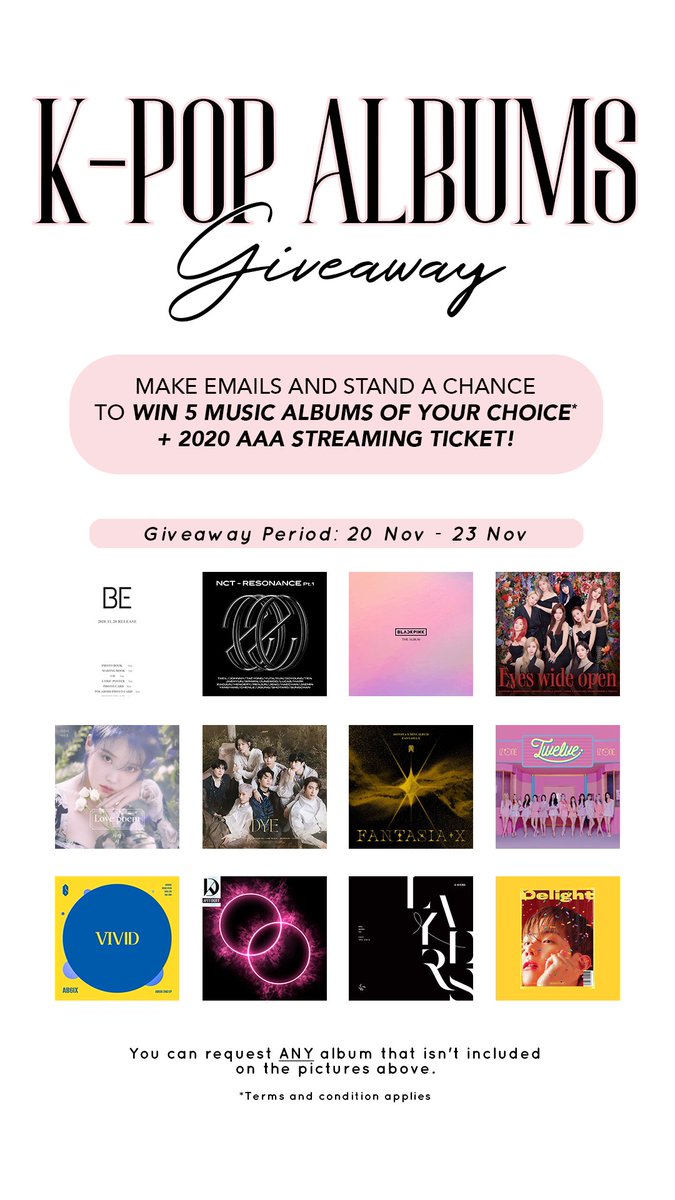 FORYEAJI_INTL's tweet photo. ✨GIVEAWAY✨
20 Nov - 23 Nov

CALLING ALL INTERNATIONAL KPOP STANS! 
Make emails &amp; win an album of your choice + AAA Ticket!

WE WILL CHOOSE 5 WINNERS!

• RETWEET &amp; LIKE this tweet
• READ the T&amp;C below
• REPLY with "Seo Yeaji fighting!♥️ #YeyesGiveaway" and Tag 3 friends https://t.co/wDROabnPsW