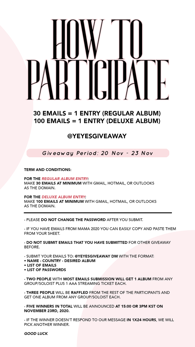 FORYEAJI_INTL's tweet photo. ✨GIVEAWAY✨
20 Nov - 23 Nov

CALLING ALL INTERNATIONAL KPOP STANS! 
Make emails &amp; win an album of your choice + AAA Ticket!

WE WILL CHOOSE 5 WINNERS!

• RETWEET &amp; LIKE this tweet
• READ the T&amp;C below
• REPLY with "Seo Yeaji fighting!♥️ #YeyesGiveaway" and Tag 3 friends https://t.co/wDROabnPsW