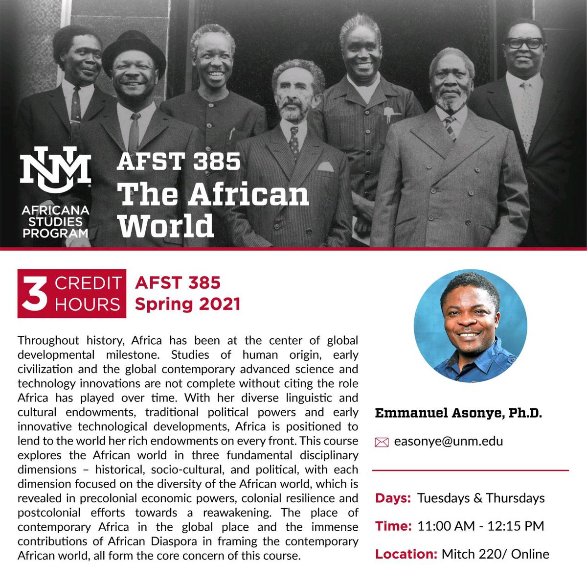 sdeli_org's tweet photo. I will be teaching the course, #AfricanWorld (AFST 385) in Spring. I will approach the course from both diachronic and synchronic viewpoints, exploring
the contributions #Africa and #Africans have made in the global development space from precolonial times up to the 21st century. https://t.co/Ua8Oxj47af