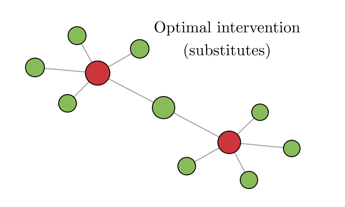 Working out the optimal targeting strategy numerically in an example on the same network but with substitutes gives an answer like this: you target some very central agents negatively (e.g., reduce help or subsidies to them), and target their neighbors positively.10/
