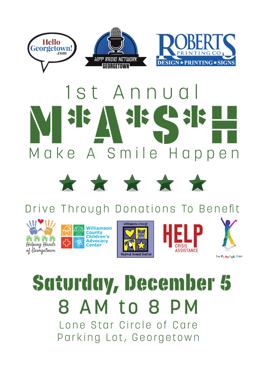 HRNGeorgetown's tweet photo. Be sure to join us for our 1st Annual Georgetown Radio M*A*S*H (Make a Smile Happen) on December 5 from 8am to 8pm. This event will benefit many area non profits.

Read more at https://t.co/dXsUPjV5Ms https://t.co/stv5rVEiXC
