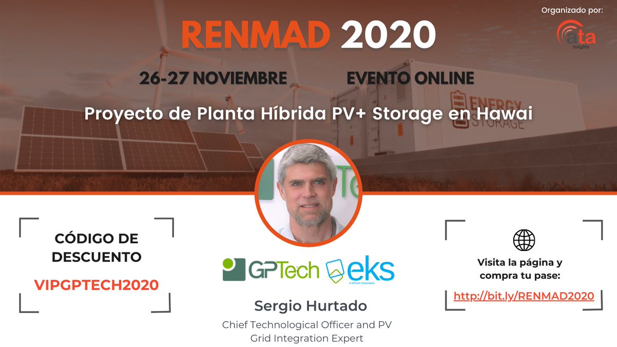 GPTech_global's tweet photo. Save the date!  📢 Our CTO, @serhuc_74, will be speaking about solar+storage in Hawaii at #RENMAD2020 on 26 November. You can register using the code VIPGPTECH2020 and get a 10 % discount: https://t.co/WaFX3QTfaP https://t.co/4iWH4yFYUL