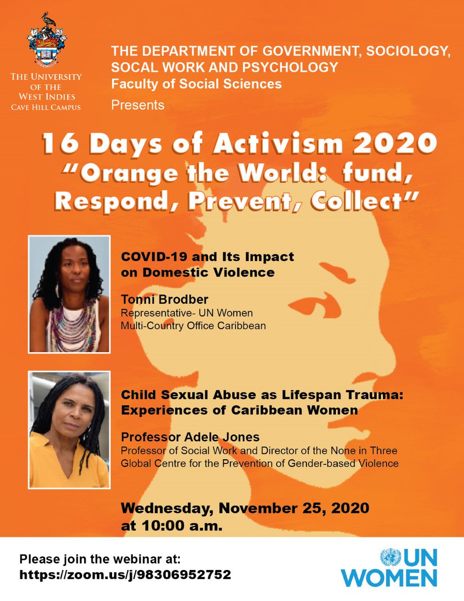 NoneinThree's tweet photo. Our Director, Prof. Adele Jones will be presenting on: "Child Sexual Abuse as Lifespan Trauma: Experiences of Caribbean Women" on Wednesday 25th November 2020 at 10am AST (GMT-4). 

The webinar is being hosted by the @uwicave_hill campus. 

Join webinar: https://t.co/fpVAHaG4wc https://t.co/Pgj3sC2xz3