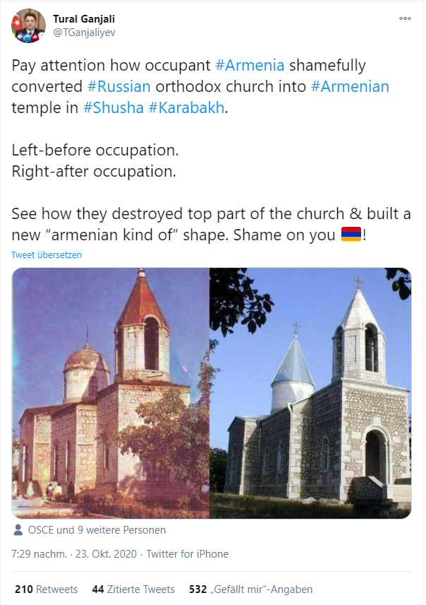 Already during the war, however, some  #Azerbaijan social media accounts started propagating that the church used to be  #Russia|n orthodox and that  #Armenia|ns appropiated it incorrectly.The first was  @TGanjaliyev,"Elected representative of the Azerbaijani population of NK".