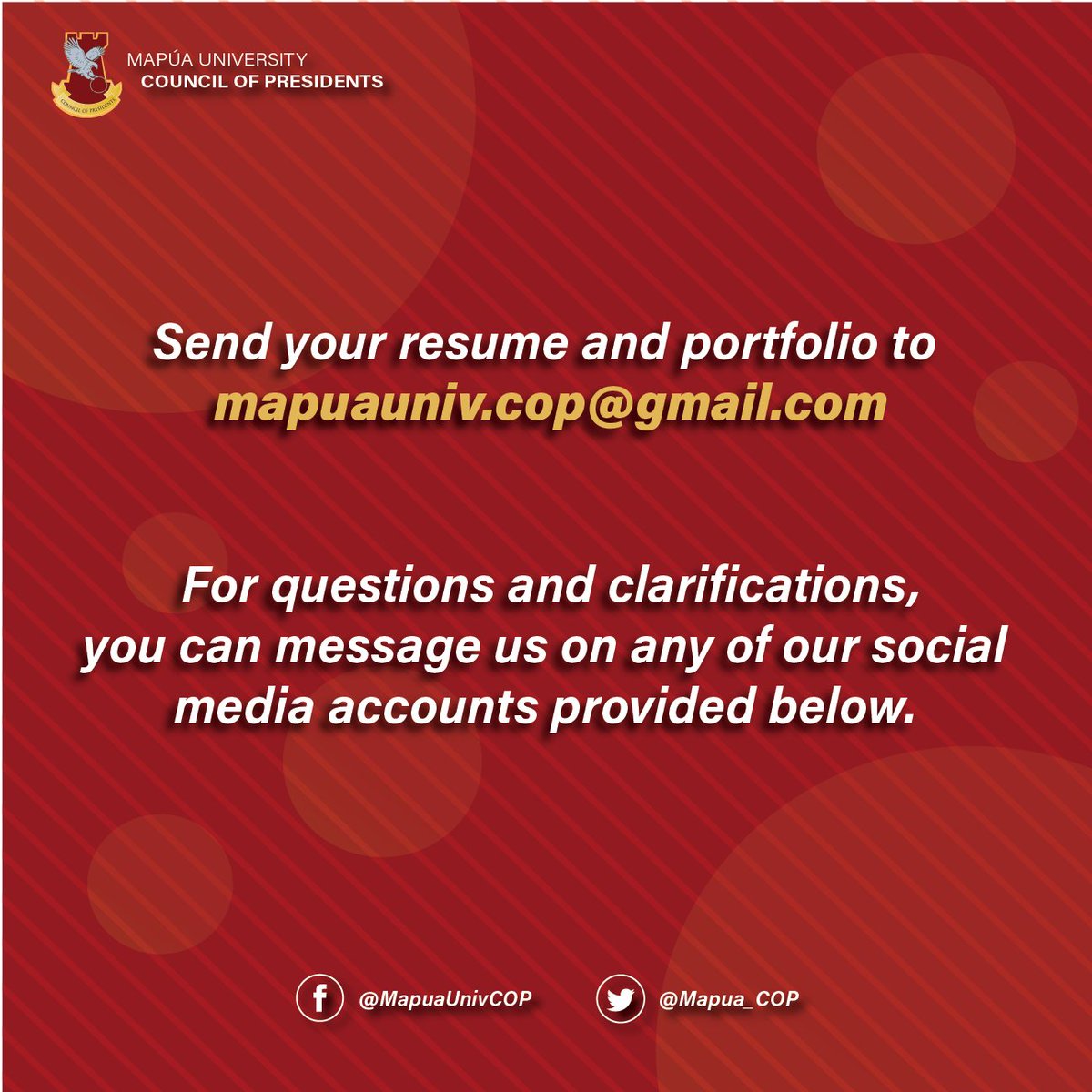 Mapua_COP's tweet photo. "Creativity is nothing but a mind set free." -Torrie T. Asai
The Council Of Presidents is looking for like-minded individuals that is set to take their creative skills to a higher platform. The doors are now open for the Creatives Committee! https://t.co/ugyVceI1wl