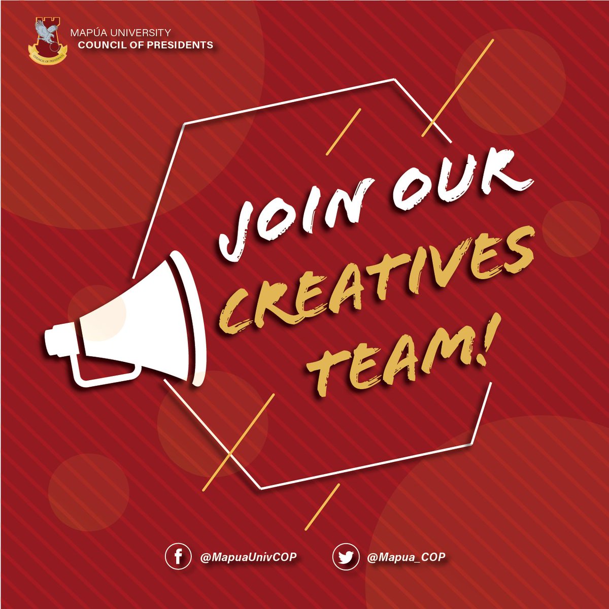 Mapua_COP's tweet photo. "Creativity is nothing but a mind set free." -Torrie T. Asai
The Council Of Presidents is looking for like-minded individuals that is set to take their creative skills to a higher platform. The doors are now open for the Creatives Committee! https://t.co/ugyVceI1wl