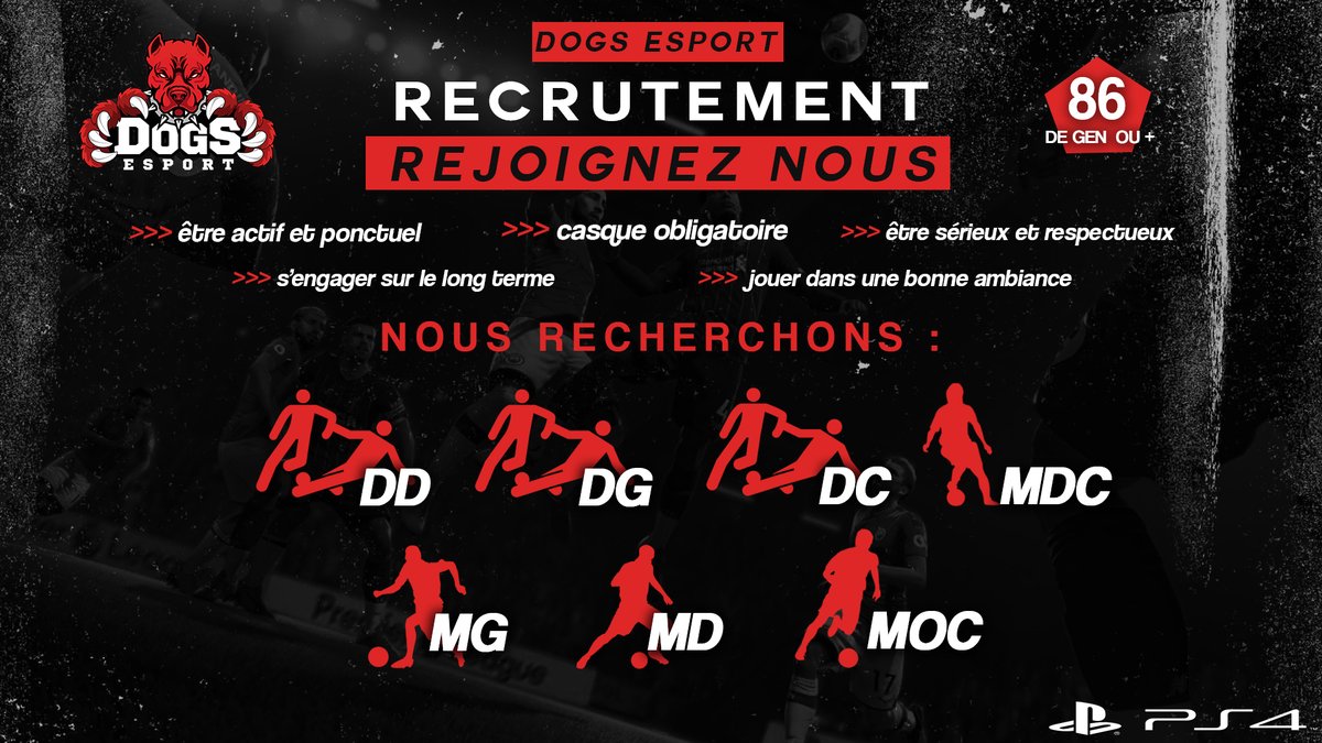 Les Dogs recrute
A savoir :
Dispositif : 3-5-2 / 4-3-3
Session du dimanche au jeudi de 20:50 à 23:00
notre serveur discord :
discord.gg/s7qsRz2