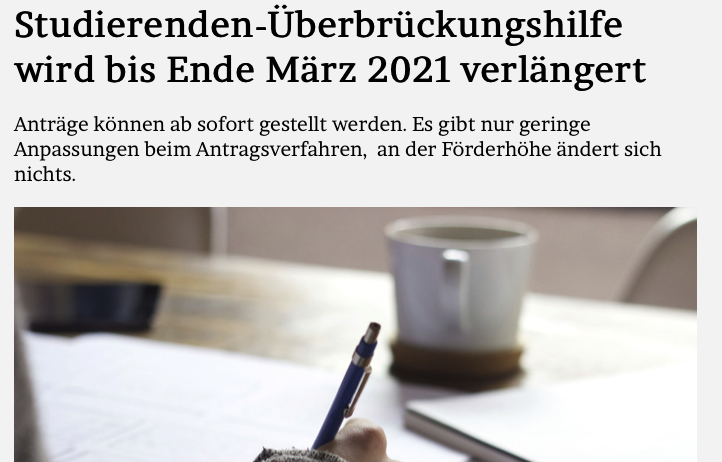 JMWiarda's tweet photo. #Studierenden-#Überbrückungshilfe wird bis Ende März 2021 verlängert 

Anträge können ab sofort gestellt werden. Es gibt nur geringe Anpassungen beim Antragsverfahren,  an der Förderhöhe ändert sich nichts.

Im Blog: https://t.co/wZfaDLZAgd https://t.co/tmK6Ni7yhT