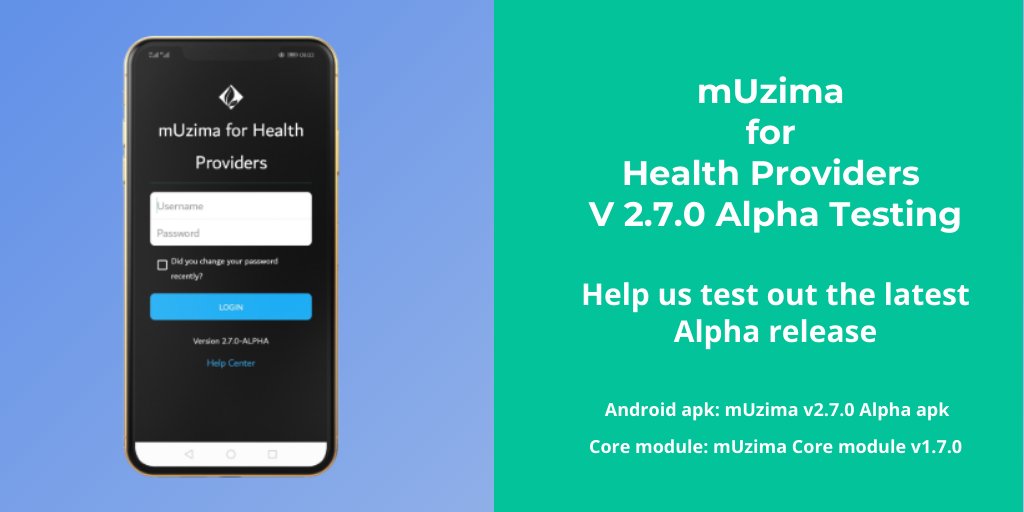 mUzimamobile's tweet photo. We have some new features in the pipeline for mUzima for Health Providers 2.7.0 release but first, our focus is on the Alpha testing phase. Want to be the first one to test drive? Download the apk and mUzima Core module. Feedback is welcome!
Release notes: https://t.co/Ho7r0mlAfw https://t.co/csXY5KStnI