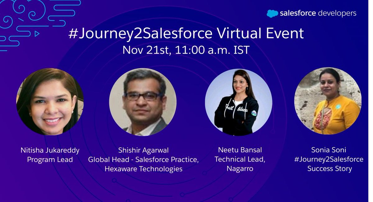 #Journey2Salesforce Virtual Event which will begin in 1 Day on:

Sat, Nov 21, 2020 5:30 AM - 6:30 AM GMT

Please ensure you register yourself at sforce.co/j2s