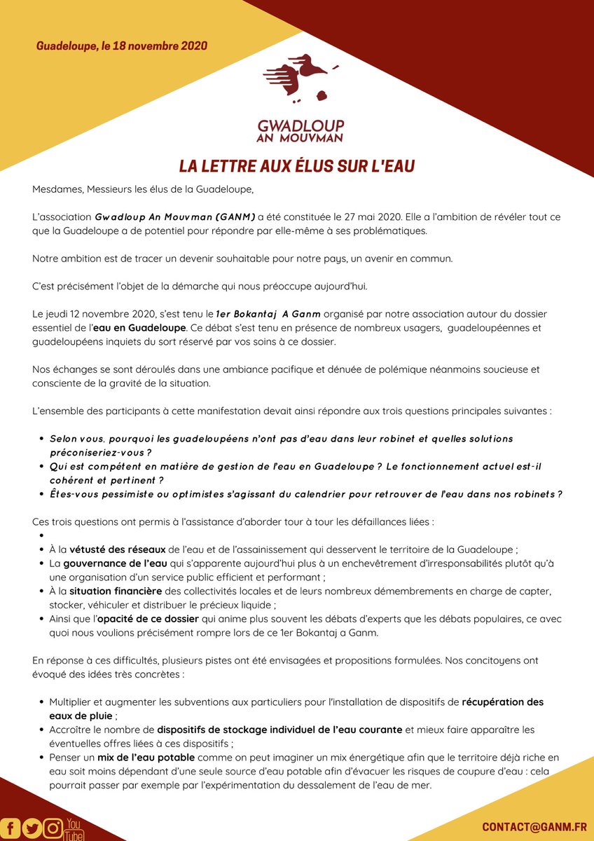 PoteGanm's tweet photo. Lors du 1er #BokantajAGanm sur l’eau, les participants ont décidé d’agir. Ils ont proposé que #Ganm écrive aux élus. Et c’est ce qui a été fait. 👇🏽 ici, la lettre aux élus sur l’eau et les propositions des guadeloupéennes et des guadeloupéens dans le débat public 🤝 https://t.co/m3yoyGli33