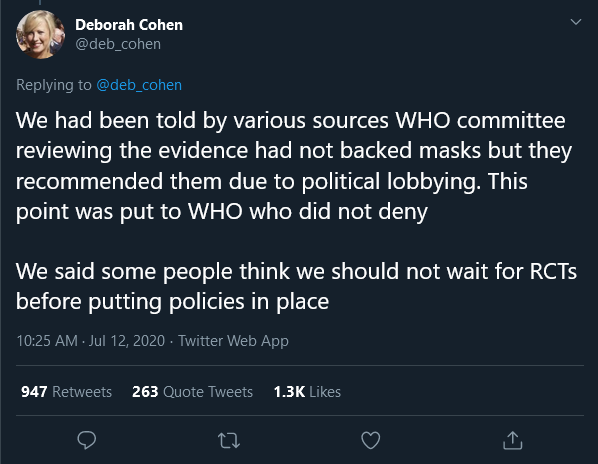 So I'll finish up (there's so much more, I'd be here all day) with a tweet from  @deb_cohen who went on record to defend against political types telling her not to report on mask use. Something smells, and its not my mask.