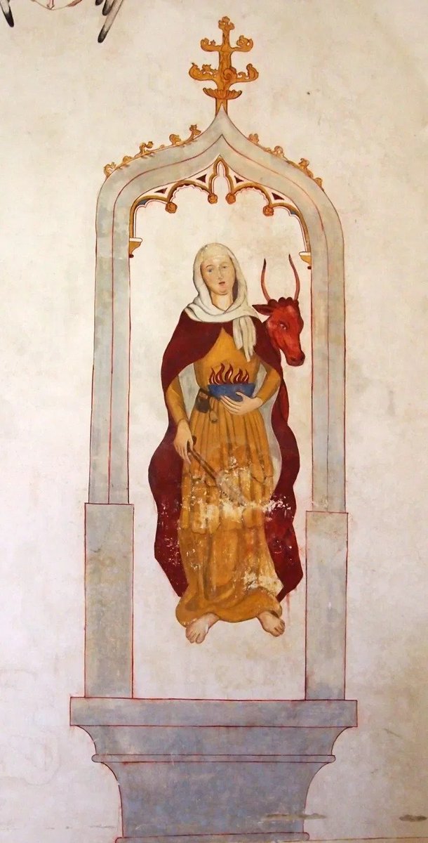 The church at Chelvey is dedicated to St Bridget, the Irish Saint. She is depicted in St Patrick's Chapel  @GlastonburyAbbe & is believed to have been baptised by St Patrick and was a worker of miracles, rumoured to have turned an entire bath full of water into beer! 3/