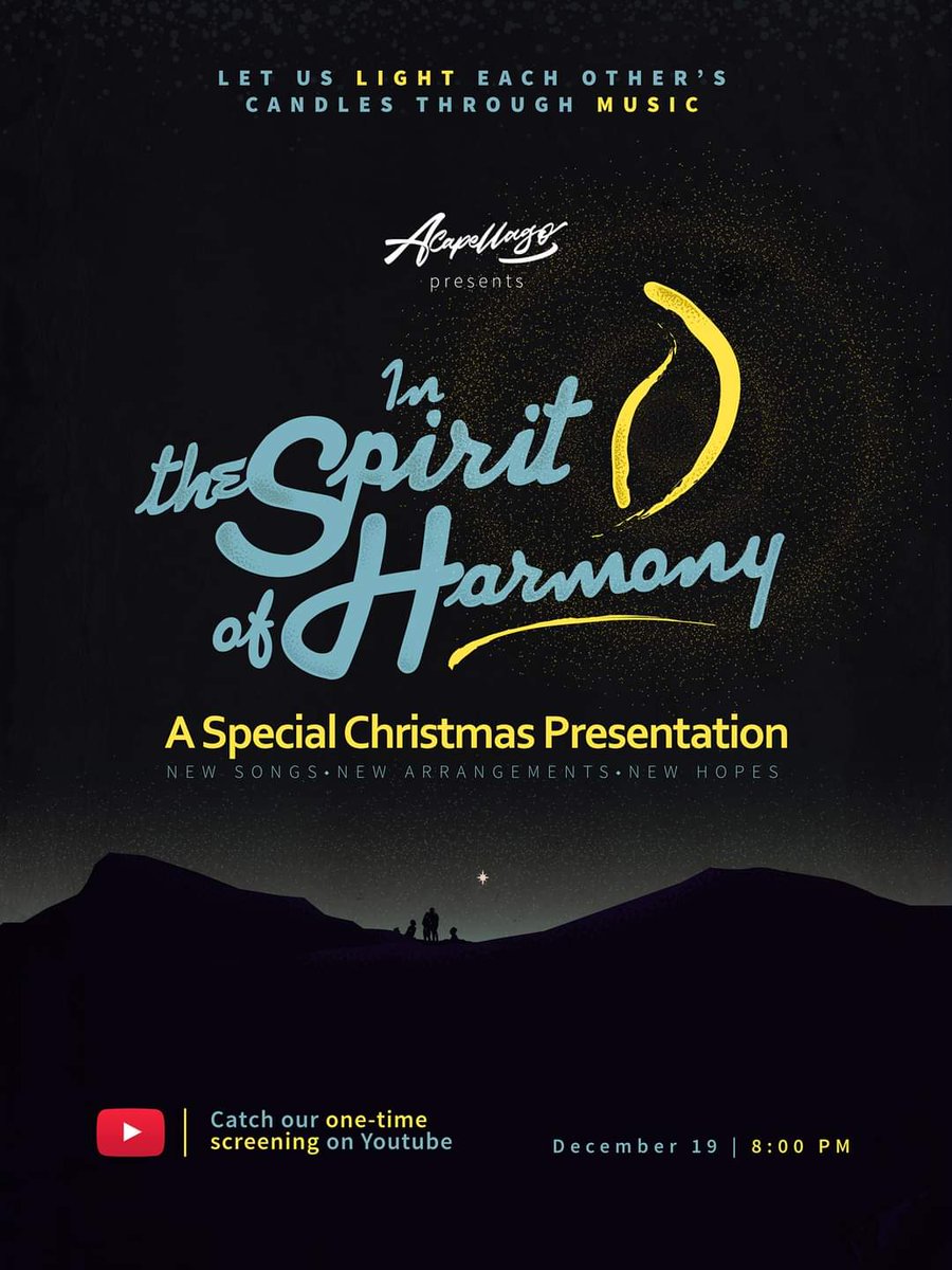 👉BIG ANNOUNCEMENT!👈

Let's celebrate this year's Christmas by offering light to each other's candle. Allow us to sing songs of hope and love #InTheSpiritOfHarmony this coming December 19, 2020, on our Youtube channel.

Details to be announced soon, so keep posted! Love you guys