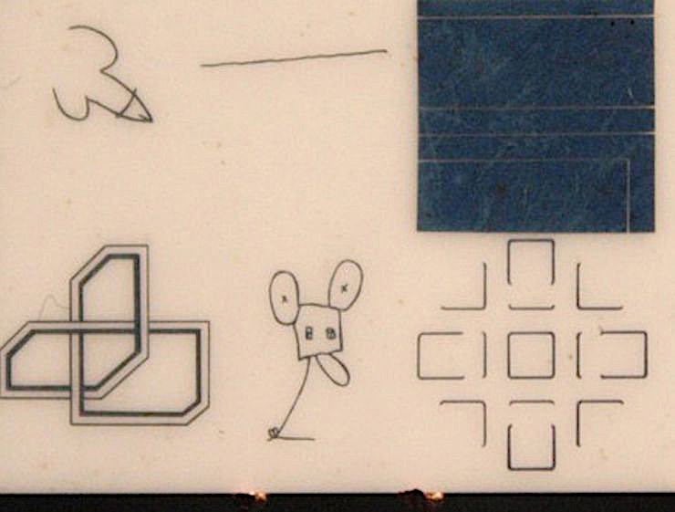 The discs contained the artwork of Rauschenberg: Single lineNovros: Black boxChamberlain: bottom leftOldenburg: his signature which looked like Mickey MouseMyers: bottom rightWarhol: his initials which look like a penis