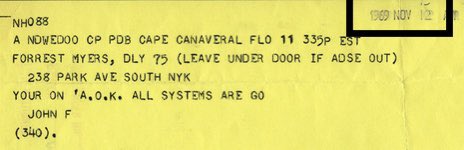 As “proof” that the ceramic tile was smuggled on the LM the Grumman engineer sent this telegram to Myers from the Cape. This is where I think the story starts to break down.
