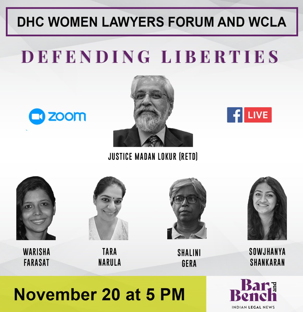 Justice (retd.) Madan Lokur to shortly speak on the theme "Defending Liberties" in a virtual discussion hosted by the Delhi High Court Women Lawyers Forum and WCLA.Justice (retd.) Lokur will also interact with Warisha Farasat, Tara Narula, Shalini Gera and Sowjhanya Sukumaran.