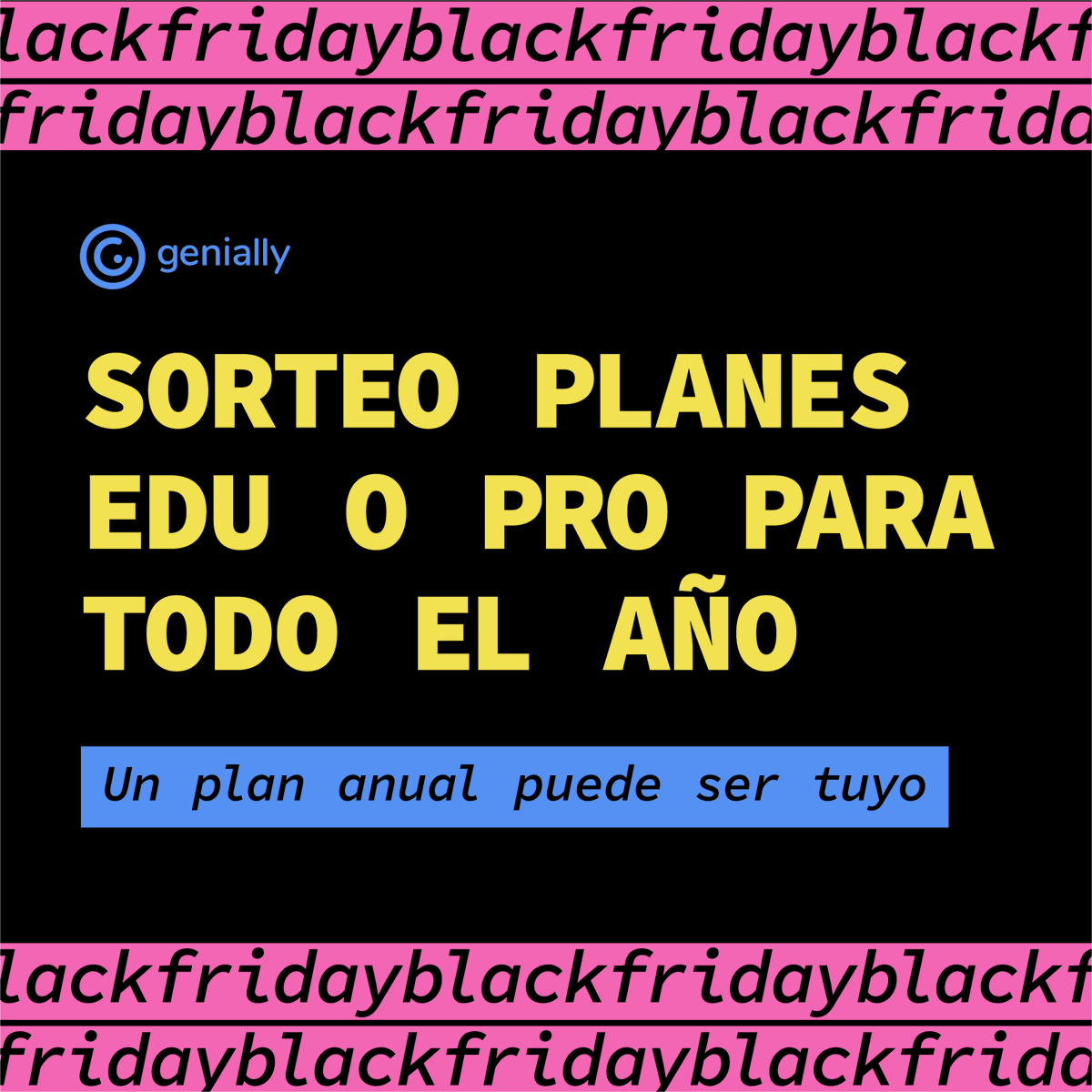 💥⚫¡Consigue un plan anual de #Genially! Nos adelantamos al #BlackFriday y sorteamos 10 planes anuales entre quienes hagan retuit a esta publicación. Comienza a disfrutar ya del #GeniallyBlackFriday ¡Así de fácil! Anunciamos ganadores el 23/11

#Genially #sorteo #BlackFriday2020