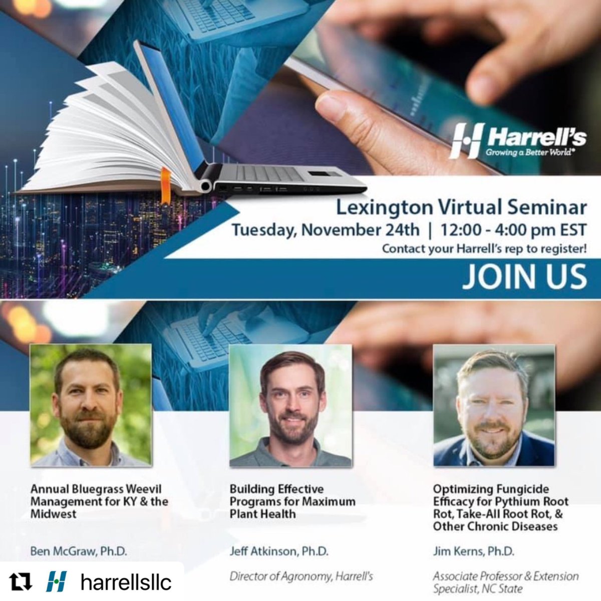 LeefordSimpson's tweet image. Go 🕰 Tuesday, November 24th please join our Lexington 🏇🏼Virtual Seminar with @HarrellsLLC TEAM @turfmanmatt105 @matts1111 @mstovall @dwilson1907 @AdamWilhite3 @rowell_casey @JeffreyHelvie @scott_parker12   💪 presenters @JethroLA @KernsJim @TurfEnto #ceu’s
