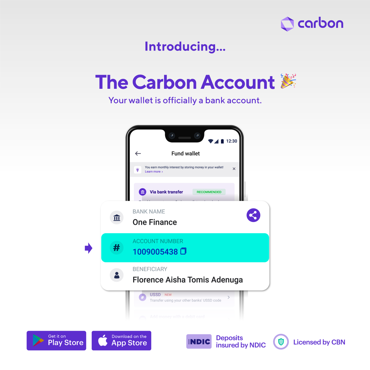 get_carbon's tweet image. Important update: Your Carbon wallet is officially a bank account! 

We're pleased to share that Carbon is now a registered Microfinance Bank, which means a few things for your account:
🔐Your deposits are insured
💰You can fund it from any bank
🔥The best bank account in Nigeria
