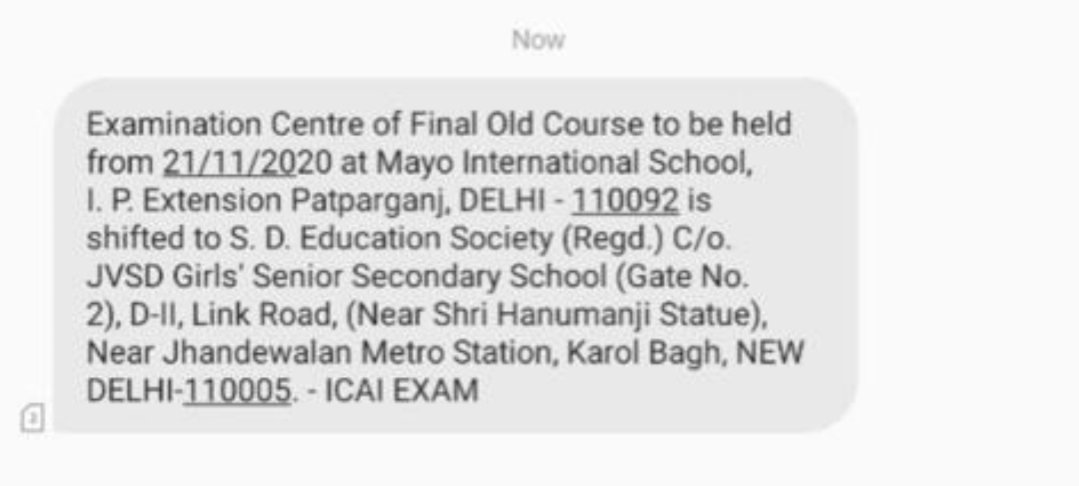 CACSCMARajat's tweet photo. Centre change just now.
The places are 25kms apart in Delhi.
Keep checking your phones and mails.
More than studying it's important to reach the right exam centre tomorrow.
Take adequate measures.
ICAI is working round the clock in these unprecedented times.
Intimated (No typo https://t.co/bCxkdmw5ws