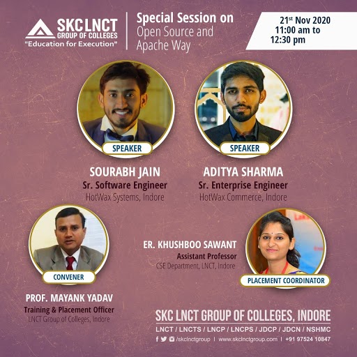 #ALC Indore brings to you another talk on 'Open Source and The #Apache Way' by @adityapsharma7 & @sourabhjain0402 at @LnctIndore to spread open source awareness among the students.

#OpenSource #alcindore #apacheway
