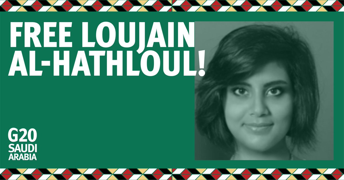 While Saudi Arabia hosts the  #G20   summit this weekend, prominent victims of this repression who remain in detention include  @LoujainHathloul, whose sole "crime" was calling for women's rights