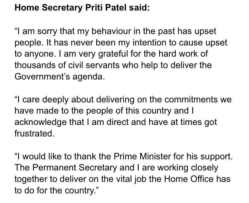 Priti Patel apologises for “my behaviour in the past” when she “at times got frustrated”, but insists none of it intentional. Her statement: