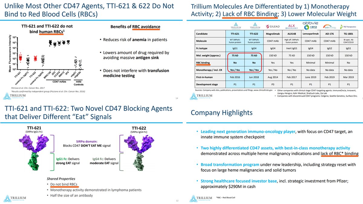 Has  $TRIL ever suggested a reason for WHY its drugs don't bind to human red blood cells?2017 paper in deck suggests: "association of  #CD47 w erythrocyte spectrin cytoskeleton, which results in reduced membrane mobility & failure to cluster CD47 effectively" $ALXO  $IMAB  $STTK