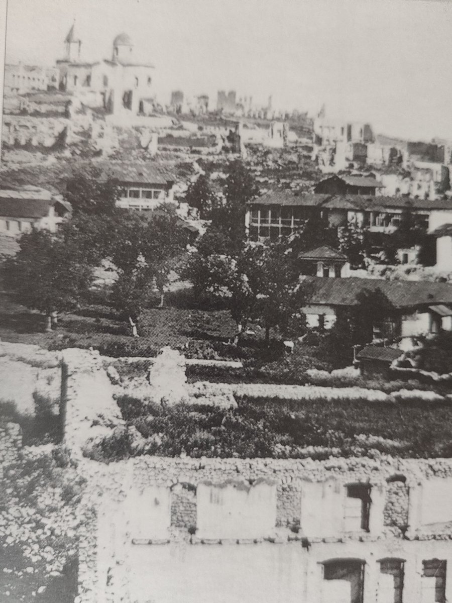 It survived the 1920 destruction of the  #Armenia|n part of  #Shushi almost untouched - which is the reason that it today is the oldest church in the city. Here is a picture taken after the 1920 razing of the Armenian parts of town.