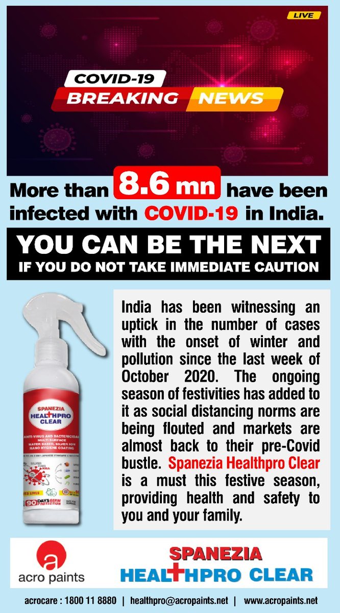 ACROPAINTSDELHI's tweet photo. More than 8.6 million have been infected with COVID-19 in India.
You can be the NEXT, IF YOU DO NOT TAKE IMMEDIATE CAUTION. #CoronaVirusUpdate #Coronavirus #COVID19 #healthproclear #healthpro #spanezia #delhi #india #coronavirus2020 #CoronavirusPandemic #acropaints https://t.co/nKGgTvWuTg