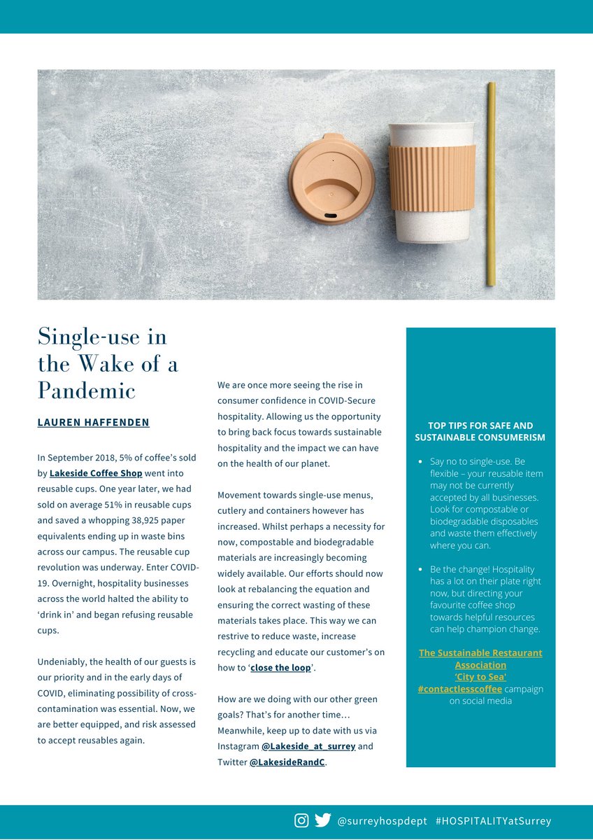 SHTMatSurrey's tweet photo. In todays @surreyhospdept Industry Digest, Lauren Haffenden updates on the successful #sustainability initiatives our @LakesideRandC have achieved in recent years and how #COVID19 has recently thrown up some extra challenges to these #contactlesscoffee @the_SRA https://t.co/4CtAax9u12