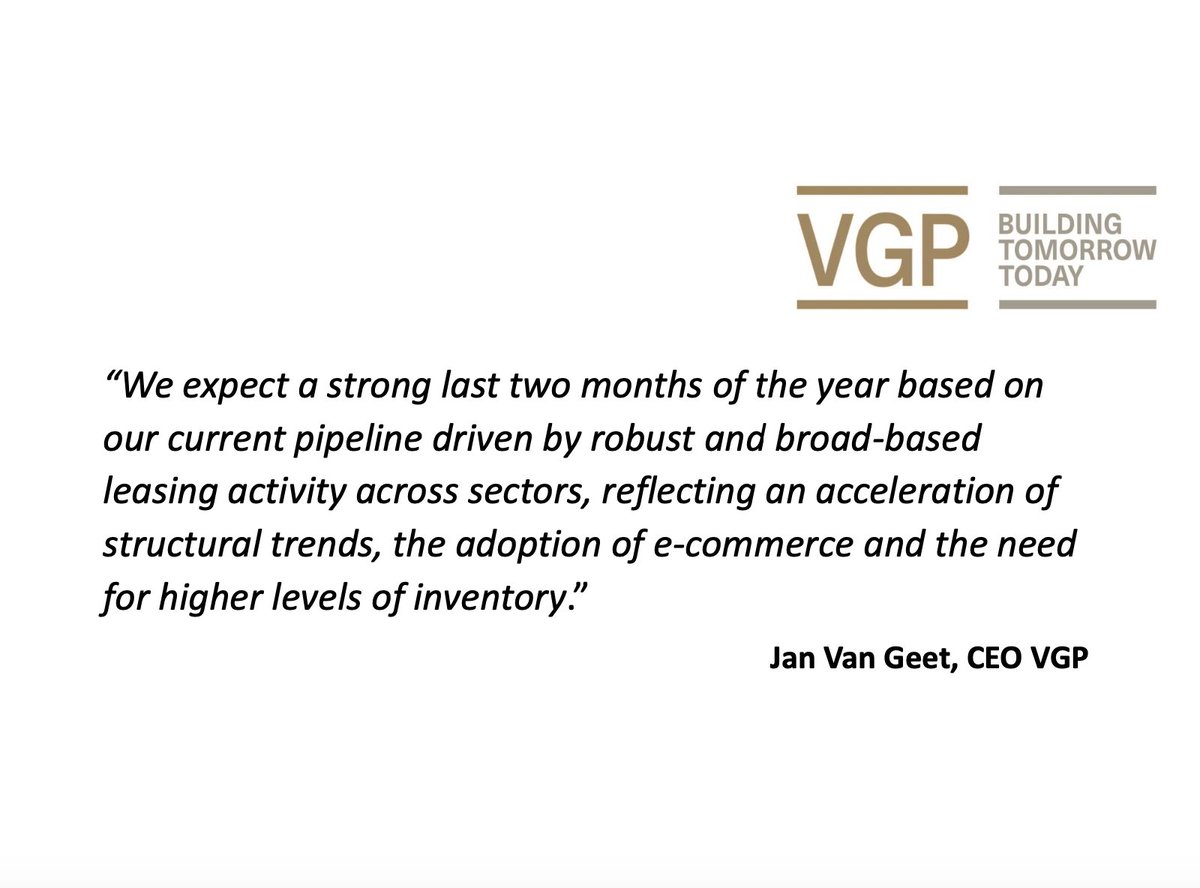 VGP_Parks's tweet image. VGP's trading update for the first 10 months of 2020: We saw robust &amp;amp; broad-based leasing activity whilst we have considerably reinforced the fundamentals on which we are constructing our future, by attracting new talented people &amp;amp; growing our land bank with quality locations.
