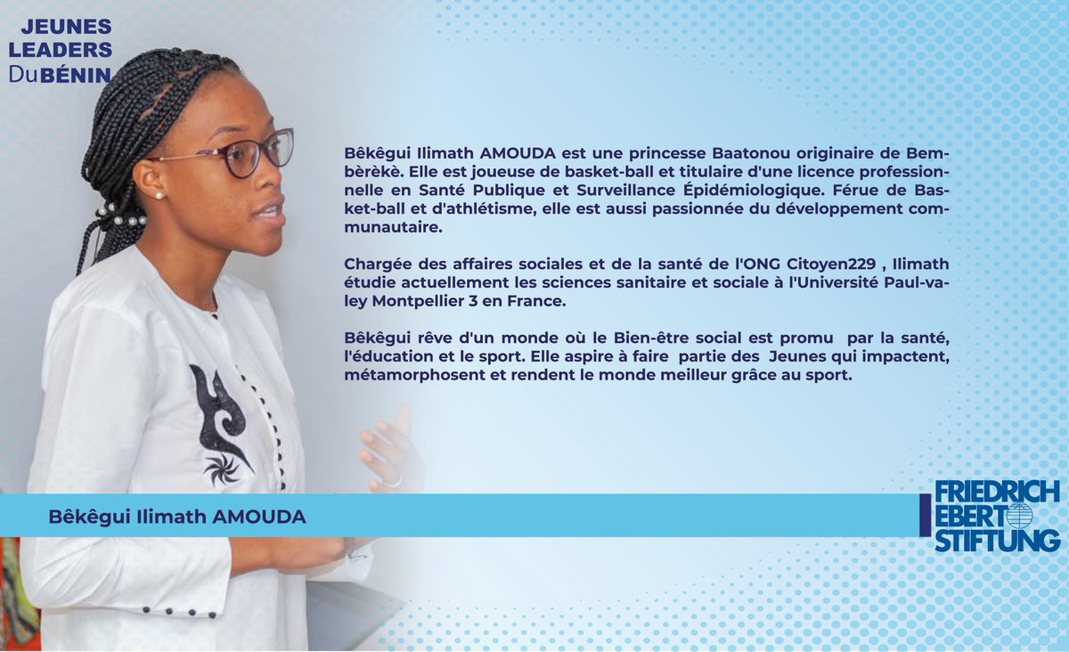 <a href="/IlimathA/">Ilimath Amouda</a> est une princesse Baatonou originaire de #Bembèrèkè. Elle est joueuse de basket-ball et titulaire d'une licence en #Santé_Publique et #Surveillance_Épidémiologique. Férue de Basket-ball et d'athlétisme, elle est aussi passionnée du développement communautaire.
#JLB2020