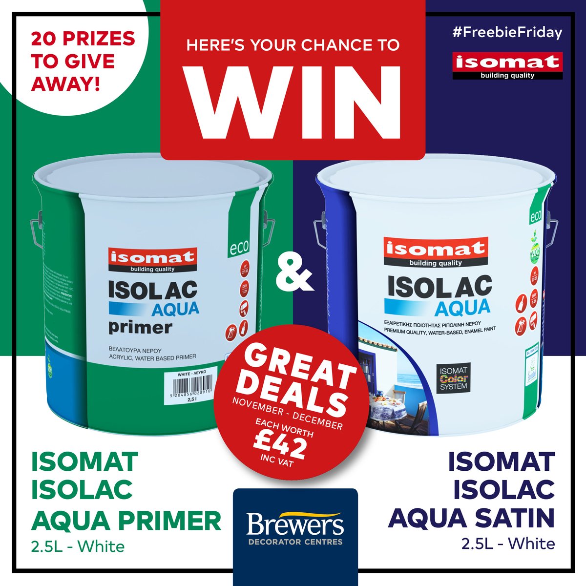 It's #FreebieFriday time! For your chance to #WIN Isomat's Isolac Aqua Primer 2.5L and Isolac Aqua Satin 2.5L worth a whopping £84, simply like, RT and make sure you're following us &amp; <a href="/IsomatUk/">ISOMAT UK</a>. 20 lucky winners will be selected at random after 12pm on 27/11/20 #isomatuk