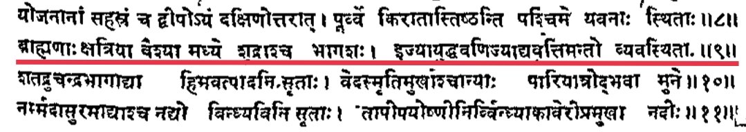 Every Purana that dwells into this topic describes the Chaturvarna & assigns their role, so does Brahma Purana.Brahmins perform sacrifices, Kshatriya the battles, Vaishyas trade & Shudras are into service.Only the above can call Bharat their homeland. (10)