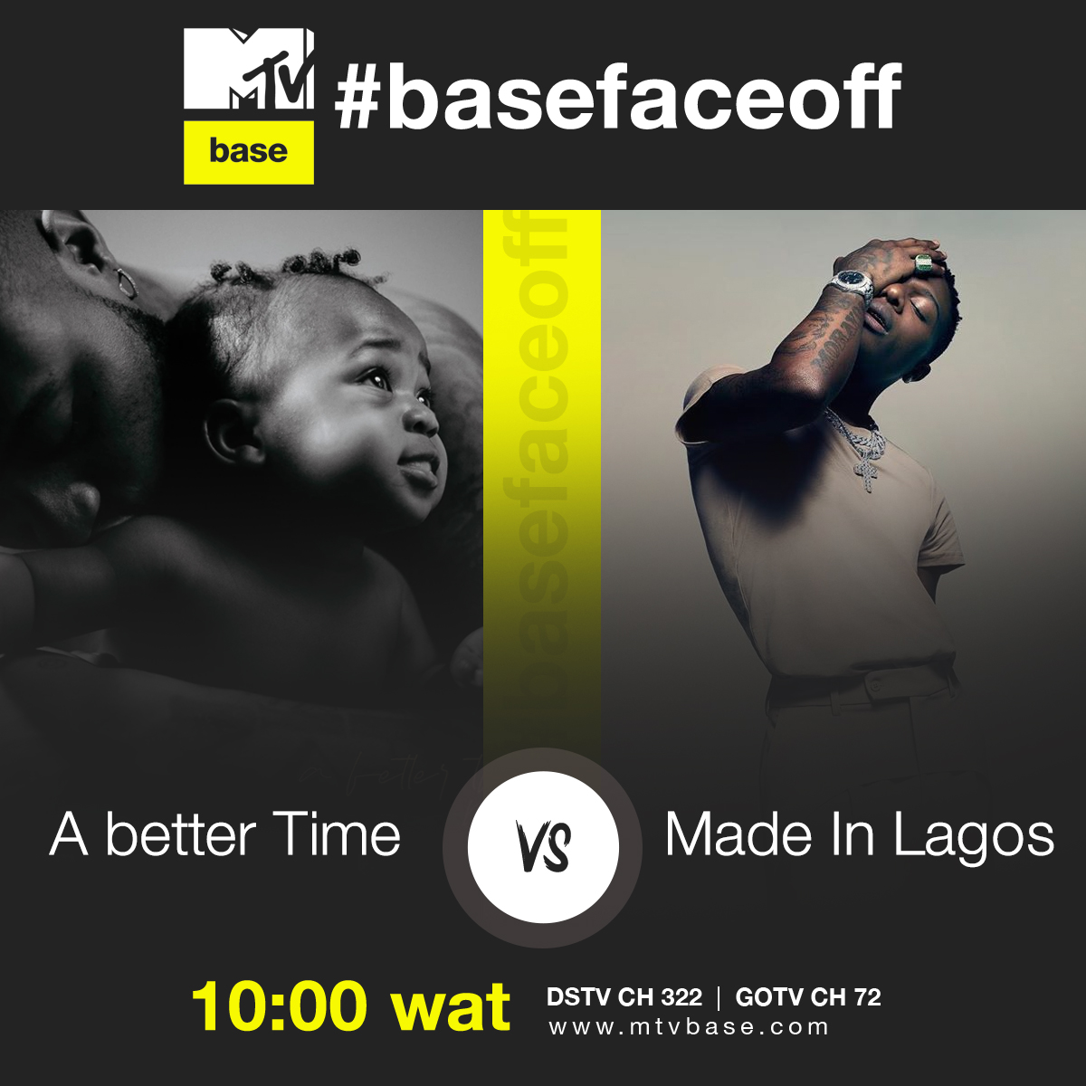 MTVBaseWest's tweet photo. Who are you reppin’ on today’s #MTVbaseFaceOff between @davido and @wizkidayo ? Tweet at us using the hashtags #MTVbaseFaceOff #TeamABT or #MTVbaseFaceOff #TeamMIL and tune in to MTV base at 10:00 am to see your favs https://t.co/G2qZwJWrZm