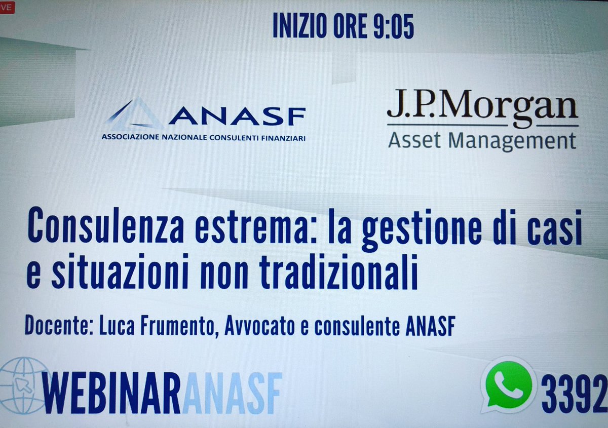 Sta per iniziare il Webinar Anasf !

L’avvocato Luca Frumento ci parlerà della gestione dei casi e delle situazioni non convenzionali!

#laformazionenonsiferma vale 4 ore per il mantenimento delle certificazioni Efpa Italia

<a href="/anasfCF/">Anasf</a> <a href="/EfpaItalia/">EfpaItalia</a>